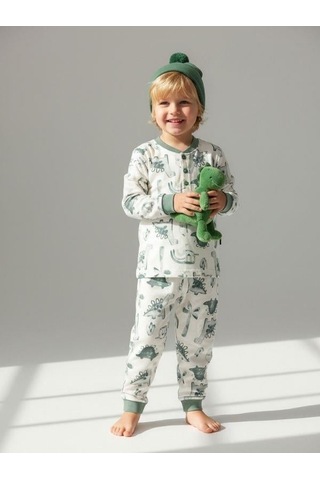 Zekids Erkek Çocuk Pamuklu Safari Desenli Çıtçıtlı Pijama Takımı-16836 Mint
