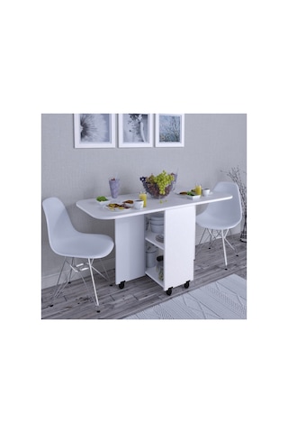 Açılır Katlanır Yemek Masası Oval Masa Mdf Beyaz