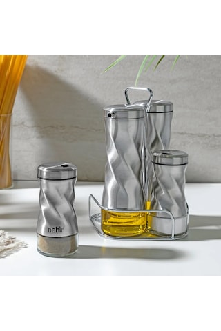 Nehir Burgulu Standlı 4 Parça Paslanmaz Çelik Yağdanlık ve Baharatlık Seti 1