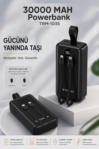Özel Üretim Powerbank Trm1035 Siyah 30.000 Mah Hızlı Dolum Göstergeli Batarya Çok Renkli