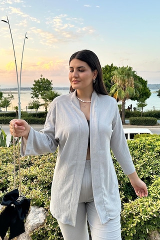 Gri Renk Cep Detaylı Dar Paça Kimono Takım Gri