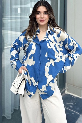 Kadın İndigo Uzun Kol, Arkası Pliseli, Salaş Dökümlü, Viskon Gömlek Indigo