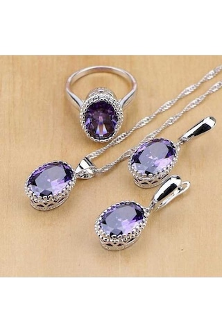 Novahub Gümüş Renk Beyaz Kristal Mor Kübik Zirkonya Takı Seti Kadınlar İçin 4 Adet, Gelin Takı Seti, Küpe, Kolye, Yüzük, 7 Halka Boyutu Mor
