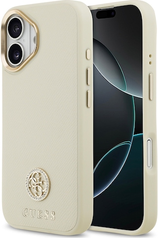 Apple Uyumlu iPhone 17 Kılıf Guess Lisanslı M-safe Özellikli Grained Yazı Ve Taşlı 4g Logolu Kapak Bej Bej
