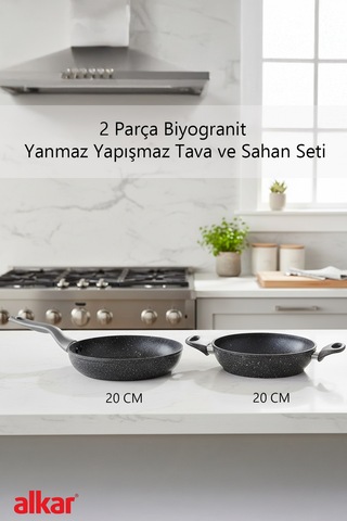 2 Parça 20 Cm Bio Granit Sahan Ve Tava Seti Yanmaz Yapışmaz, Sağlıklı Ve Dayanıklı Kullanım Gri