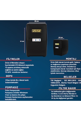 13 Aşamalı 8 L Çelik Tanklı Pompasız  Multimineralli Su Arıtma Cihazı Premium Seri