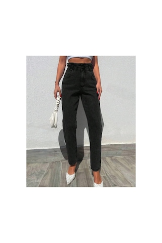 Kene Jeans Yüksek Bel Siyah Çift Düğme Kemer Büzgülü Mom Jeans Siyah
