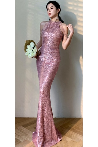 Hanife Glam Couture Hanife Glam Halter Yaka Taş Tasarımlı Pul Payet Abiye Elbise Pembe
