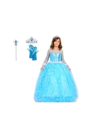 Prenses Elsa Kostümü Uzun Kollu Elsa1-12 Yaş Taç-asa-eldiven Mavi