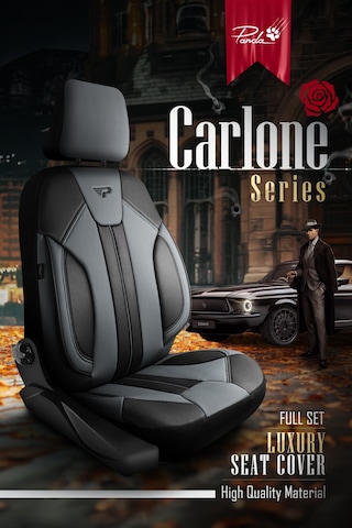 Füme - Siyah Panda Carlone Serisi Ful Deri Oto Koltuk Kılıfı - Tam Set