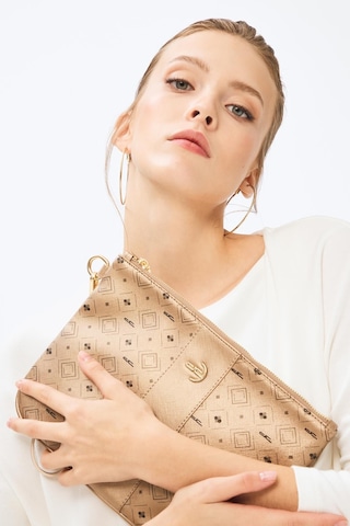 Deri Company Kadın Basic Clutch Çanta Monogram Desenli Şeritli Logolu Altın 214002 Altın - Siyah