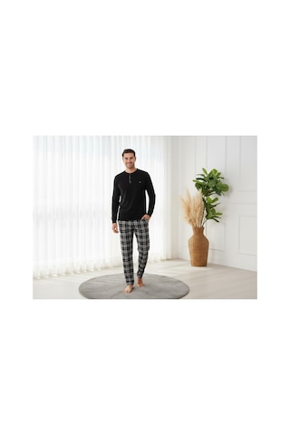 Erkek %100 Pamuklu Ekoseli Cepli Pijama Takım Siyah