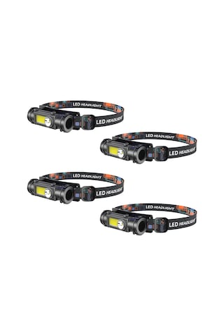 Monyee 4'lü Paket Led Şapka Feneri - Çift Işık Modu, 180 Döner, Su Geçirmez, Dahili Batarya Siyah