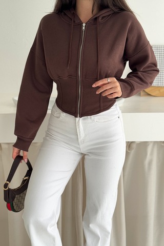 Kadın Siyah Fermuarlı Hoodie Minimal Sokak Ruhuyla Kahverengi