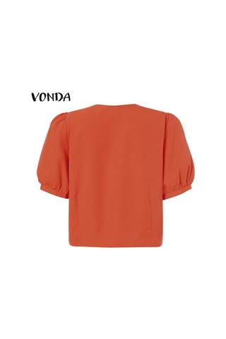 Turuncu Vonda Kadın Yaz Yuvarlak Yaka Puf Kısa Kollu Düğmeli Düz Renk Bol Bluz Turuncu