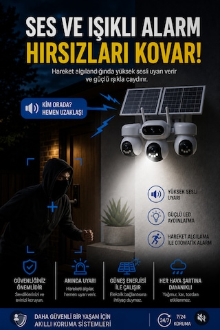 SIM-5874 Çift Solar Panelli 4G SIM Kartlı 3 Lensli PTZ Akıllı Dış Mekan Güvenlik Kamerası HD Suya Dayanıklı IP Kamera + 64 GB Hafıza Kartı Dahil