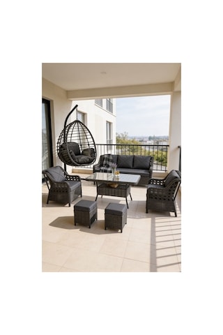 Dora Garden Home Ecem 7 Kişilik Rattan Bahçe Mobilyası Ve Tek Kişilik Rattan Salıncak Seti-antrasit