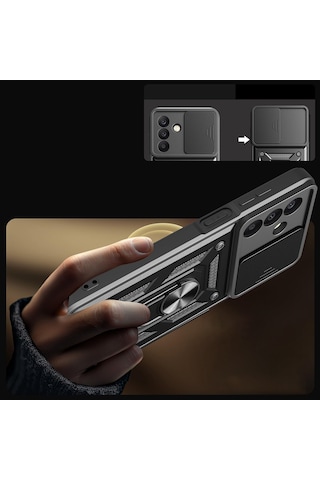 Samsung Galaxy Uyumlu A26 Kılıf Pars Lens Sürgülü Yüzüklü Standlı Korumalı Kılıf Siyah