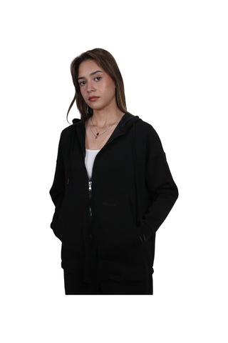 Kadın Modal Kumaş Yumuşak Dokulu Fermuarlı Rahat Kalıp Siyah Kapüşonlu Ceket Hırka Siyah
