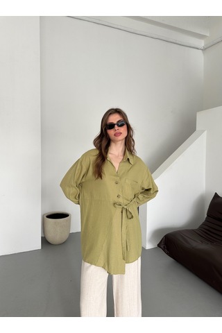 Haki %100 Pamuk Çapraz Düğmeli Beli Kemerli Gömlek Haki