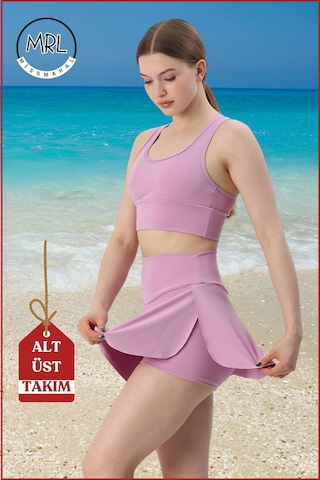 Kadın Alt-üst Takım Şort & Sabit Pedli Üst Crop Denizde Havuzda Sporda Swimsuit Lila Rengi Takım3107 Lila