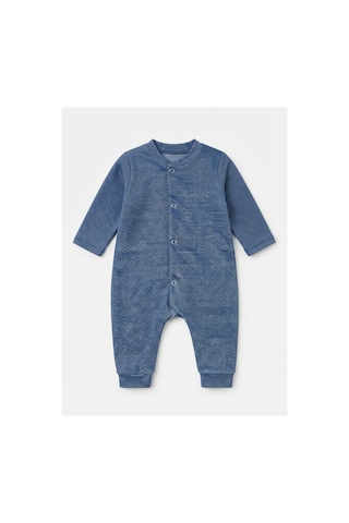 Gülerçocuk Unisex Bebek Kendinden Desenli Soft Dokulu Uzun Kollu Çıtçıtlı Tulum Mavi Mavi
