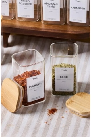Gildo 12'li Bambu Kapak Borosilikat Cam Baharatlık 250ml 10x6cm+30etiket 16530 Şeffaf