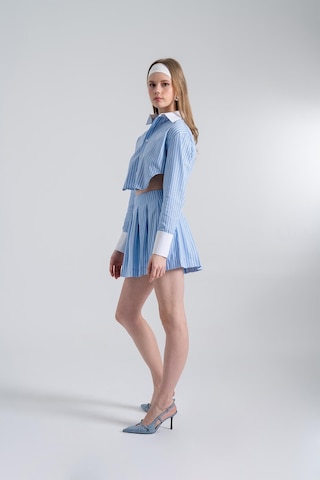 Holly Lolly Çizgili Pilili Mini Harmony Poplin Etek Mavi
