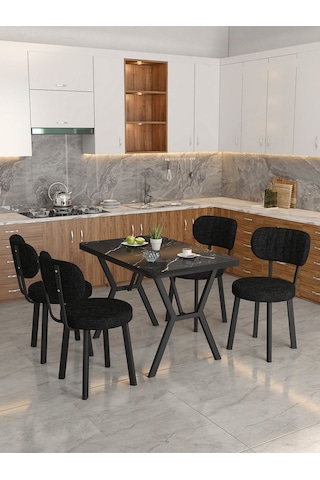 Azra 70x110cm Bendir Mutfak Masası, Mutfak Masası Takımı, Yemek Masası, 4 Siyah Sandalye Siyah