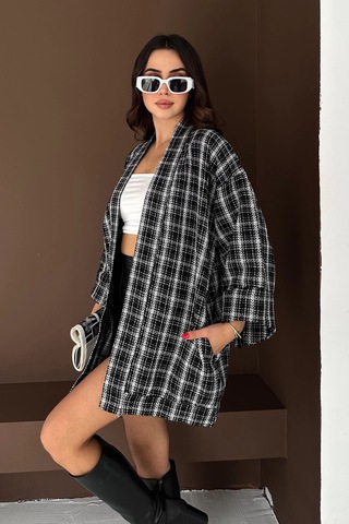 Kare Desenli Kimono Siyah Siyah