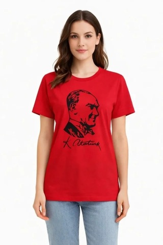 Modi Atatürk Baskılı Tişört Kısa Kollu Bisiklet Yaka T-shirt - Kırmızı Açık Kırmızı