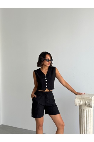 Kadın Keten Yelek Şort Alt Üst Takım Siyah