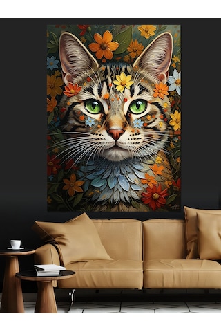 Ahşap Tablo Gözlüklü Ve Çiçekli Meraklı Kedi