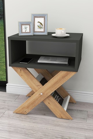 Enda Home X Ayaklı Dergilikli Başucu Komodin Yan Sehpa 33x43 Cm Çam & Antrasit