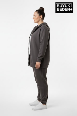 Süperlife Kadın Büyük Beden Fermuarlı Kapüşonlu İnce Sweatshirt Hırka - Rahat Kalıp Spr26bhr960 Füme