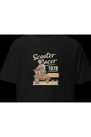 Wildstyle Scooter Racer 1978 Vintage Motosiklet Retro Motor Baskılı Unisex Bisiklet Yaka Pamuklu Tişört - Siya