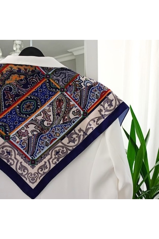 Lente Aksesuar Kadın Çok Renkli Sanatsal Çizgili Premium Kalite İpek Saten Fular 55x55cm Lacivert-krem