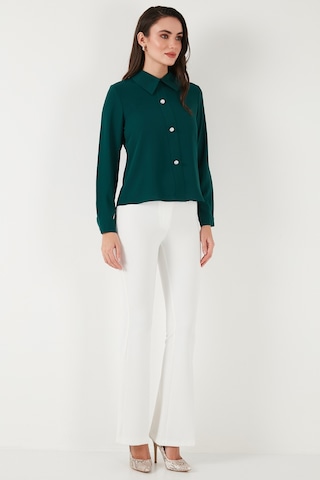Lela Taşlı Regular Fit Gömlek Yaka Fermuarlı Bayan Bluz 611Bz0493 Zümrüt