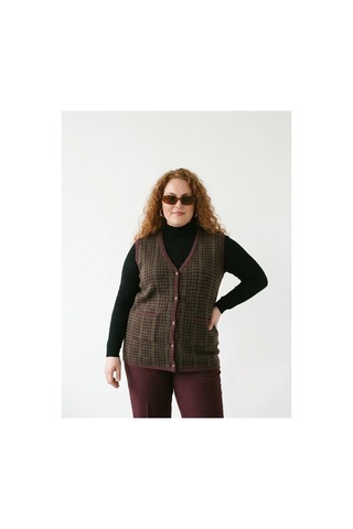 Onno Style Women Büyük Beden Kazayağı Desen Renkli Çelik Örgü Triko Kadın Yelek Bordo