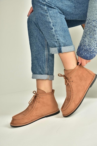 Fox Shoes V846926302 Taba Süet Düz Tabanlı Bağcıklı Kadın Bot Taba