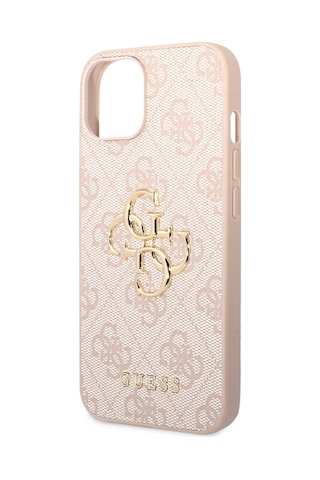 Apple Uyumlu iPhone 15 Plus Kılıf Guess Lisanslı Pu Deri Yazı Ve 4g Metal Logolu Desenli Kapak Pembe