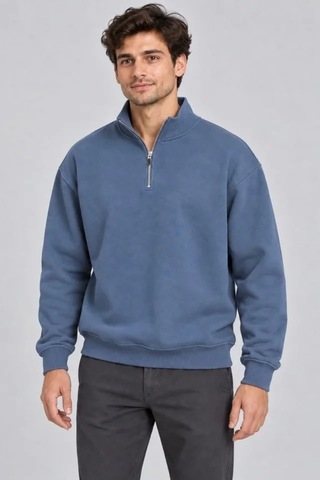 Zennamoda Erkek Üç İplik İçi Şardonlu Dik Yaka Yarım Fermuarlı Kışlık Sweatshirt - Mavi