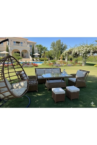 Mimoza Deluxe 7 Parça Rattan Villa Bahçe Takımı - Yemekli Oturma Seti Kahverengi