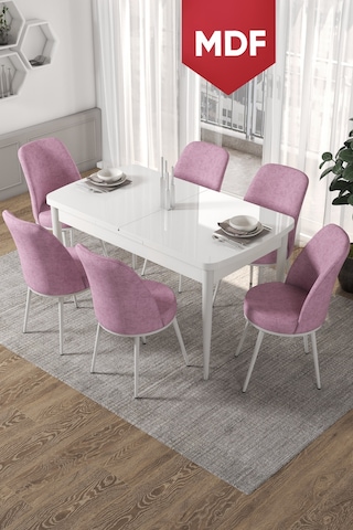 Canisa Concept Kor Serisi 70x114 MDF Açılabilir Mutfak Masası Takımı Beyaz Masa 6 Pembe Sandalye Masa Beyaz Sandalyeler Pembe