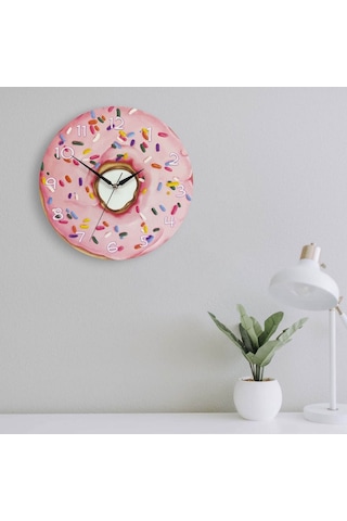 CajuArt Dekoratif Pembe Donut Yuvarlak Ahşap Duvar Saati Ahşap