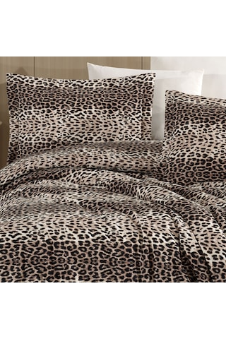 Tek Kişilik Leopar Desen Nevresim Takımı 160x220 2 Yastık Kılıfı Lastikli Çarşaflı 100x200+30 Kahverengi