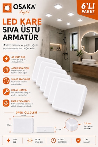 6 Adet Osaka 40w Kare Sıva Üstü Armatür Beyaz Işık 6500k