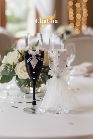 Chacha Home Lüks Düğün Temalı Gelin Damat Kadehi Beyaz - Gri - Siyah