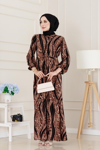 Sevitli Leopar Desenli Beli Tünelli Viscon Elbise-siyah-5086 Siyah