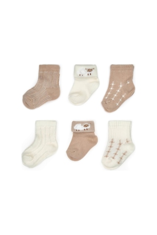 Babycosy Organic Wear Bebek 6'lı Kuzu Detaylı Çorap %100 Organik Pamuk, Bebek - Yenidoğan - Csyc1005 Ekru